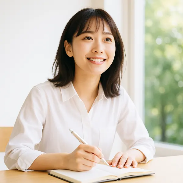 新しい挑戦に向けて前向きに進もうとするAV女優のイメージ。ノートを開き笑顔で未来を見据える女性