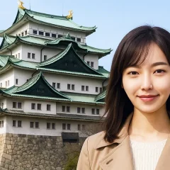 名古屋城の前で撮影されたAV女優募集のイメージモデル
