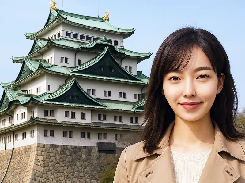 名古屋城の前で撮影されたAV女優募集のイメージモデル
