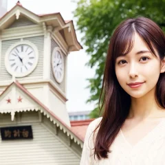 札幌の時計台の前で撮影されたAV女優募集のイメージモデル
