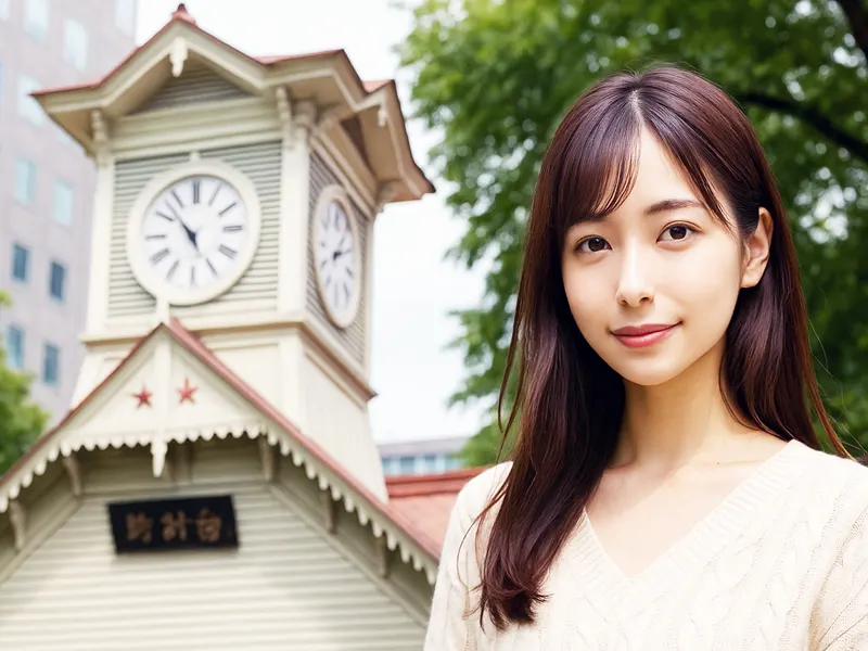 札幌の時計台の前で撮影されたAV女優募集のイメージモデル