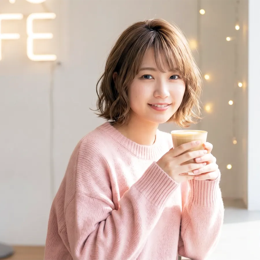 カフェでリラックスして笑顔を見せる20代の女性