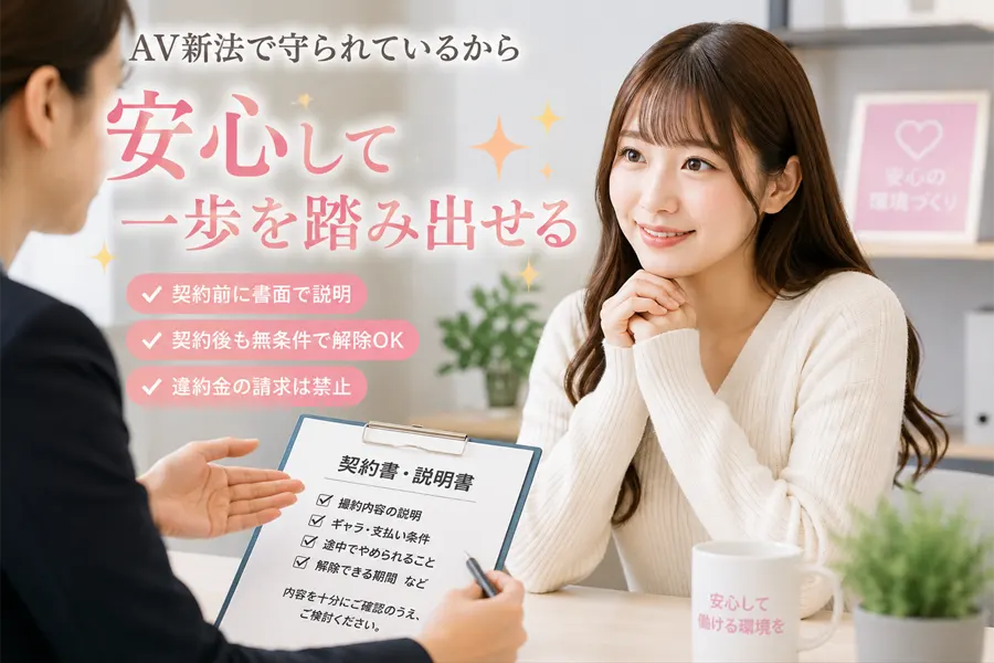 契約書の説明を受けて安心するAV女優のイメージ